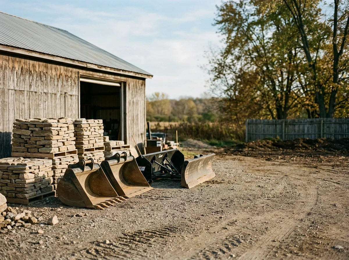 Outdoor equipment and tools ready for driveway and landscaping work, showcasing stone materials and seasonal service capabilities.