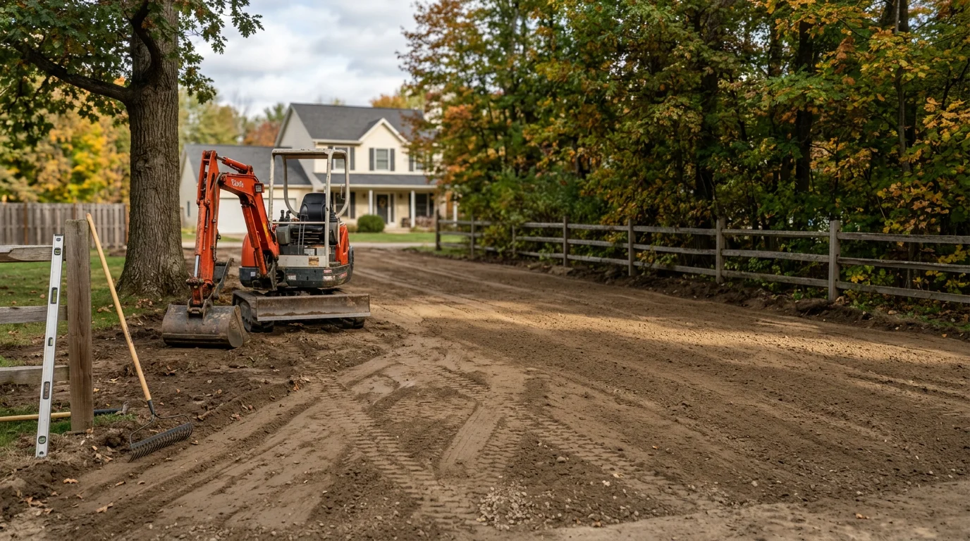 Excavation and grading equipment working on residential property