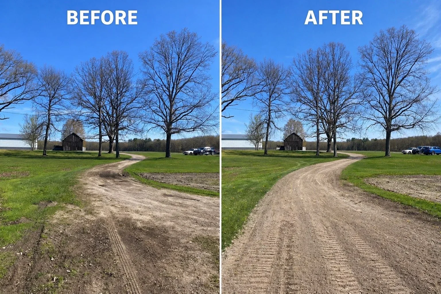 Graded and compacted gravel driveway with improved surface and drainage
