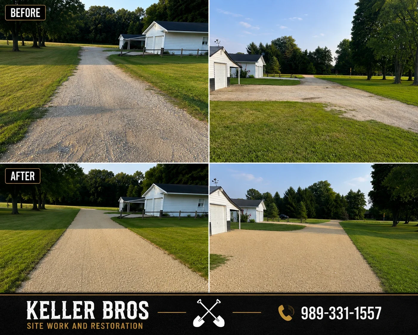 Before and after gravel driveway restoration with improved grading and compaction