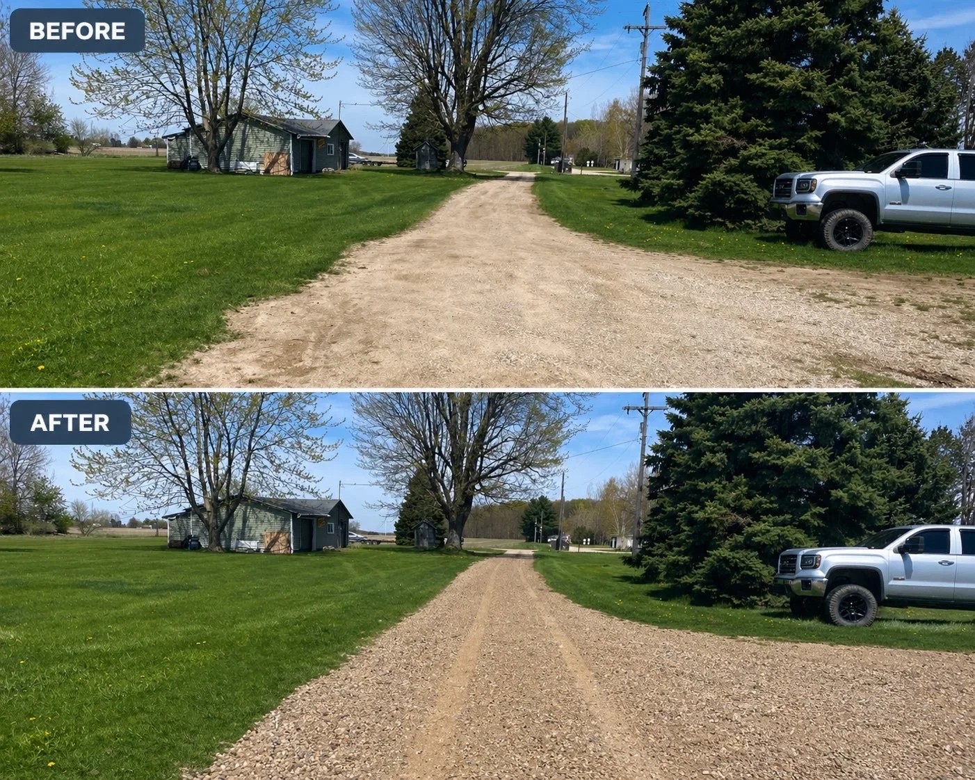 Gravel driveway with improved grading and compacted base material leading to rural property