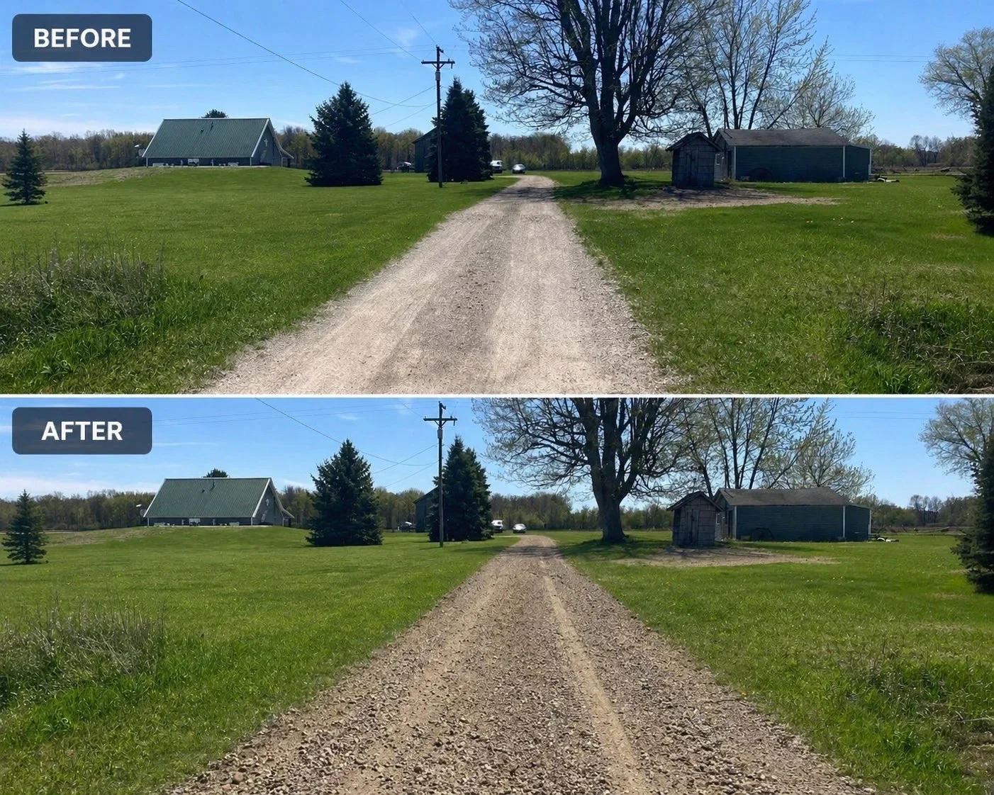 Rural driveway before and after gravel resurfacing and leveling