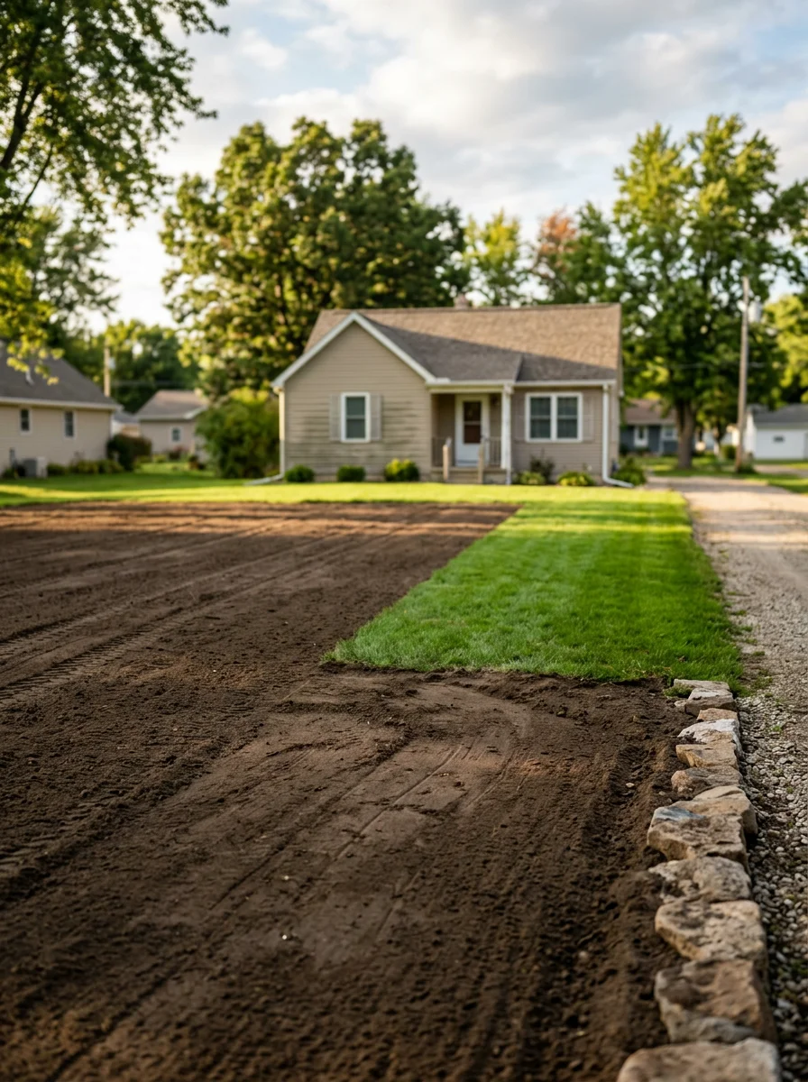 Freshly graded and seeded yard area adjacent to a stone driveway in Alma, MI, showing smooth graded soil transitioning to established lawn on a residential lot.