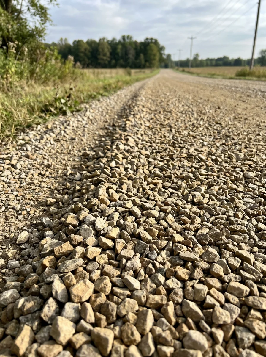 Close-up of compacted crushed stone driveway surface in Ashley, MI, showing angular aggregate and graded edges typical of a properly installed rural driveway.