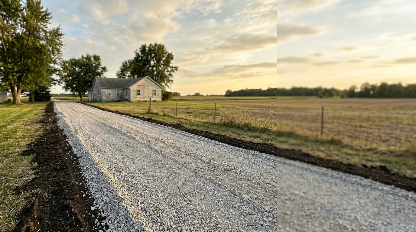 A freshly restored stone gravel driveway at a rural home in Ashley, Michigan, with proper crown and clean stone edges visible against flat Gratiot County farmland.