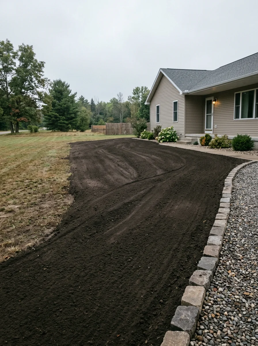 Freshly graded yard area adjacent to a home in Breckenridge, MI, with smooth soil sloping away from the foundation and a stone driveway edge visible at the frame.