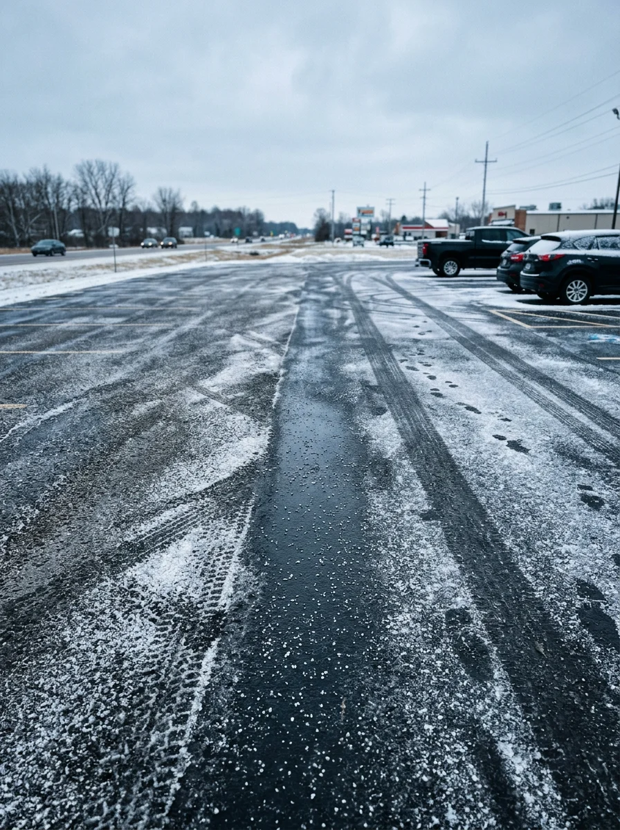 Commercial parking lot in Ithaca, MI cleared of snow and treated with salt, with the US-127 corridor visible in the background on a winter morning.