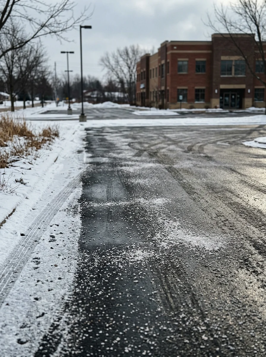 A commercial parking lot in Mt. Pleasant, MI cleared of snow and treated with salt on a winter morning, with a Mission Street commercial building visible in the background.