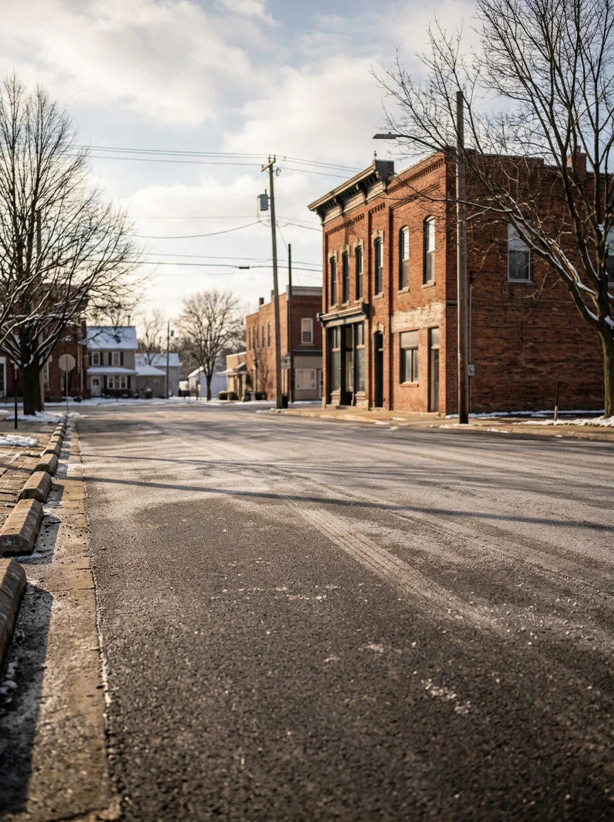 A commercial parking lot in St. Johns, MI cleared of snow and treated with salt, with a downtown Clinton County building visible in the background.