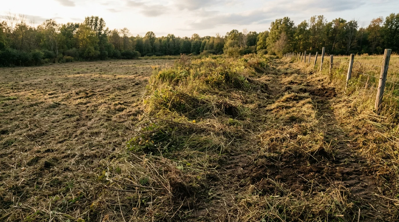 A tractor with a rotary brush hog attachment cutting through a dense, overgrown field in rural Gratiot County, Michigan. Tall weeds and thick brush are cut flat in a single pass, with open land visible behind the equipment.