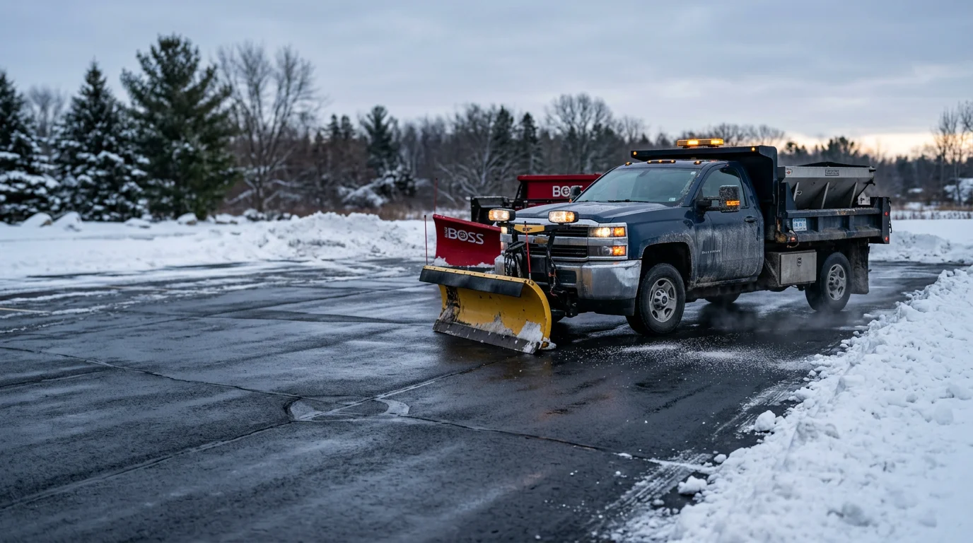 A cleared commercial parking lot in Ashley, Michigan after a winter snowstorm, with plowed snow pushed to the lot edges and a clean path to the building entrance. Mid-Michigan winter conditions visible in the background.