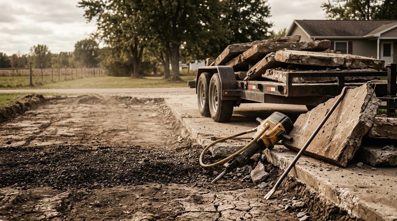 A broken concrete driveway slab being removed from a residential property in Ashley, Michigan, with debris cleared and the ground exposed for the next phase of work.