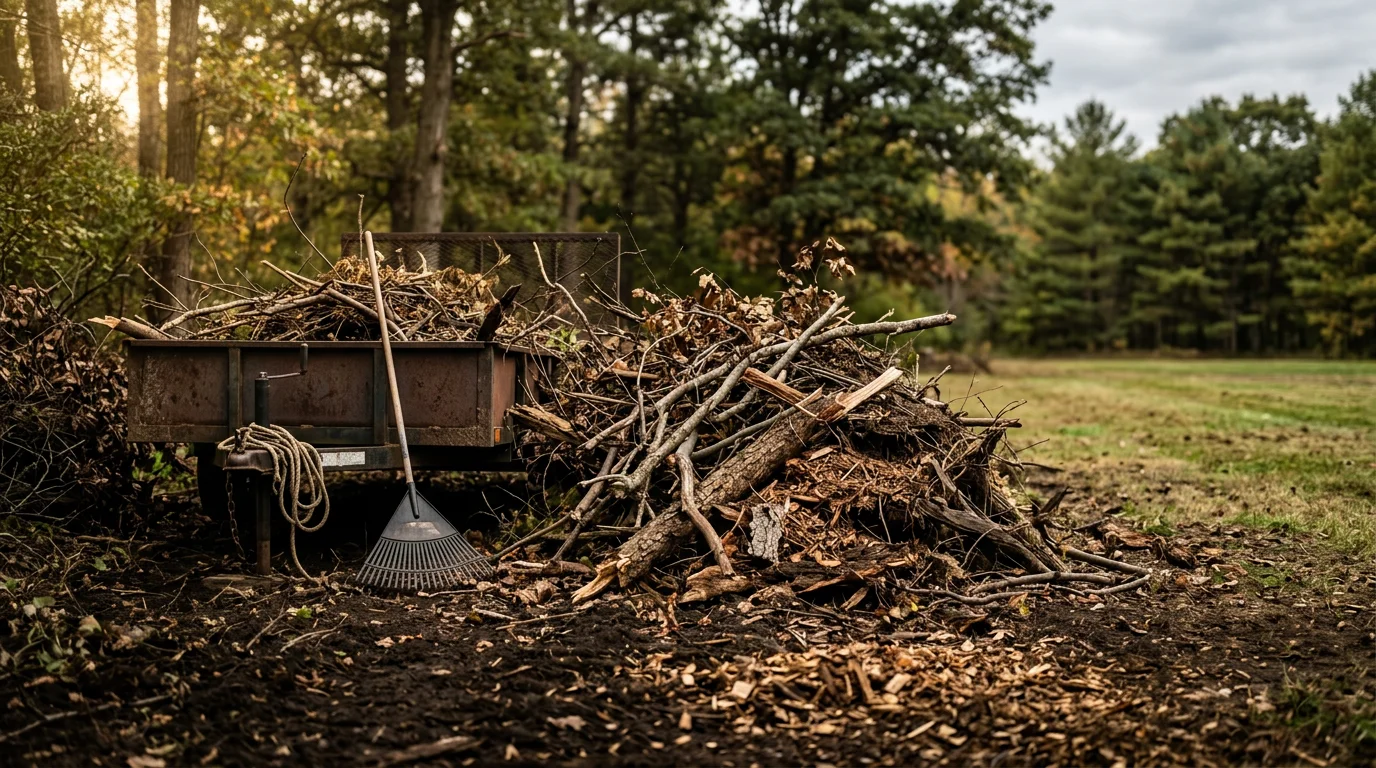 A cleared residential yard in Ashley, Michigan with piles of branches and leaf debris loaded for removal by a landscaping crew. The surrounding lawn is open and clean after debris hauling.