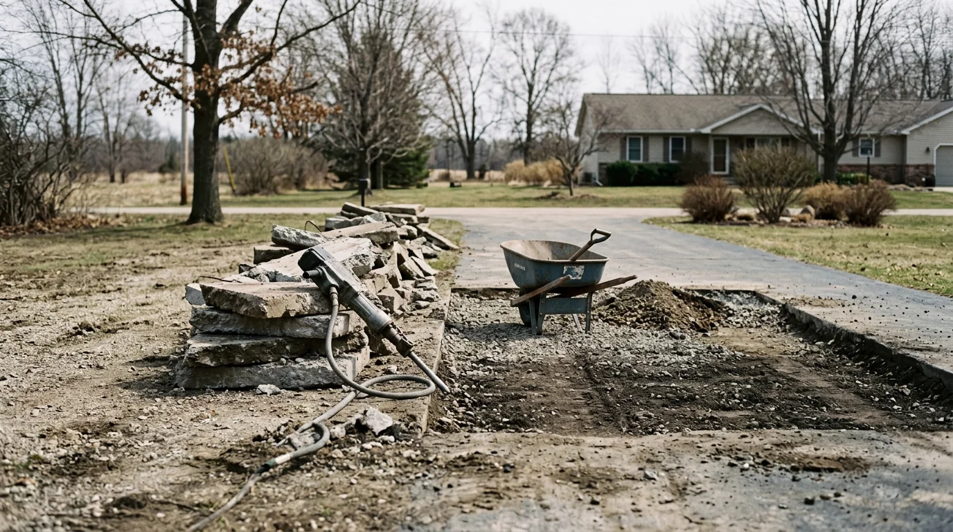 A residential driveway in Ashley, Michigan with the old cracked concrete surface fully broken up and cleared, exposing the compacted base below. A work truck is parked nearby as debris is loaded for removal.