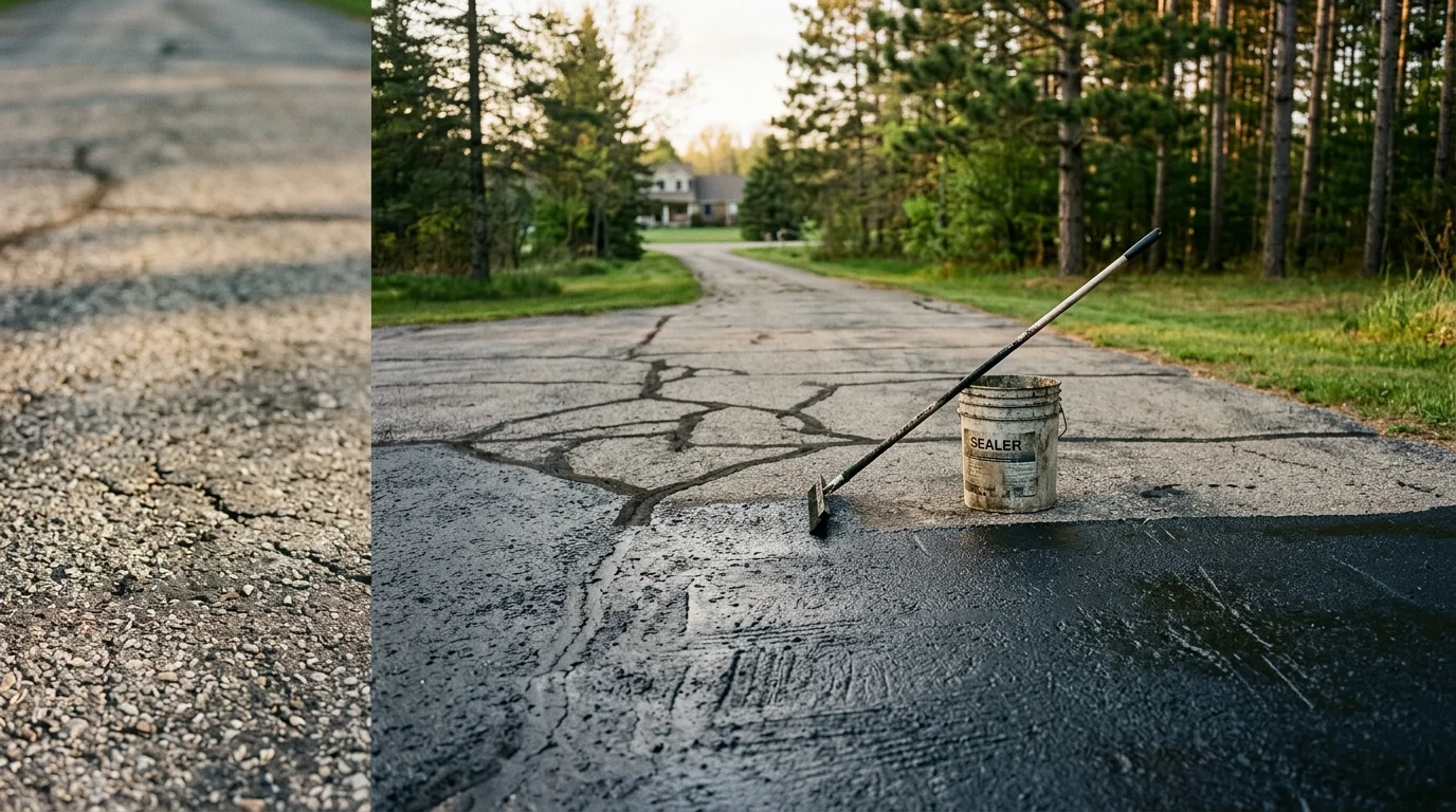 A restored residential driveway in Ashley, Michigan showing a smooth, crack-free surface in front of a single-family home. The repaired pavement contrasts with the surrounding lawn on a clear Mid-Michigan day.