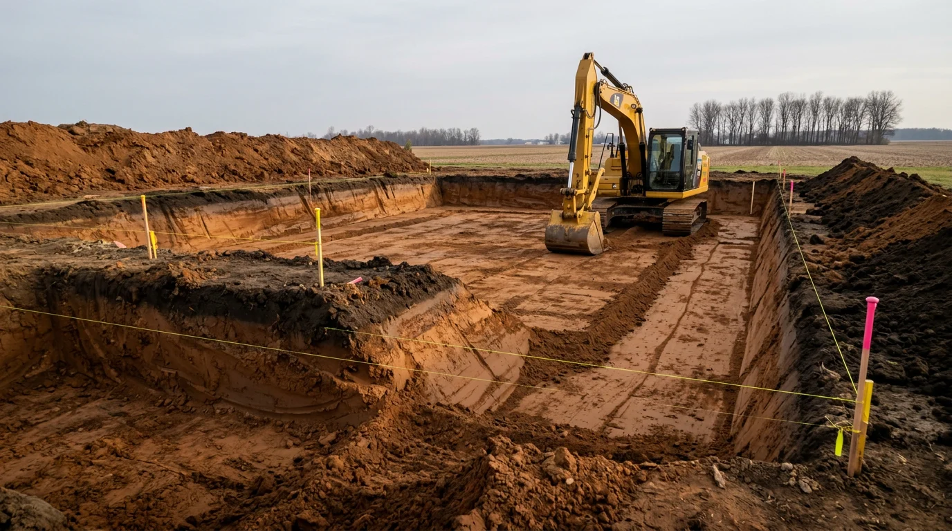 A freshly excavated foundation hole on a mid-Michigan residential lot near Ashley, with clean-cut walls, stripped topsoil piled to the side, and an excavator positioned at the edge of the dig.
