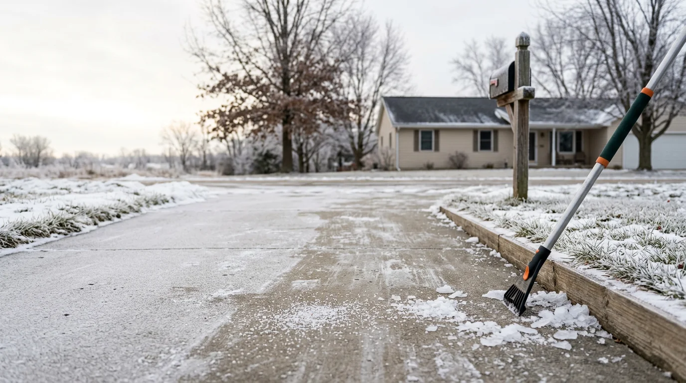 A cleared residential driveway and front walkway in Ashley, Michigan after professional ice removal, with surrounding ground still covered in snow and ice. The entry steps and path to the door are free of ice buildup.
