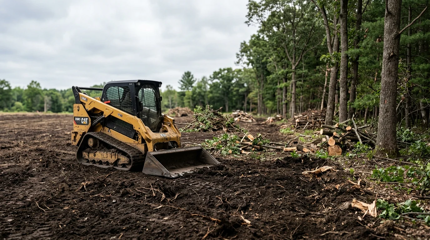 A cleared mid-Michigan rural property in the Ashley area with trees and brush removed, leaving open ground ready for construction or landscaping. Keller Bros land clearing service result on a residential parcel.