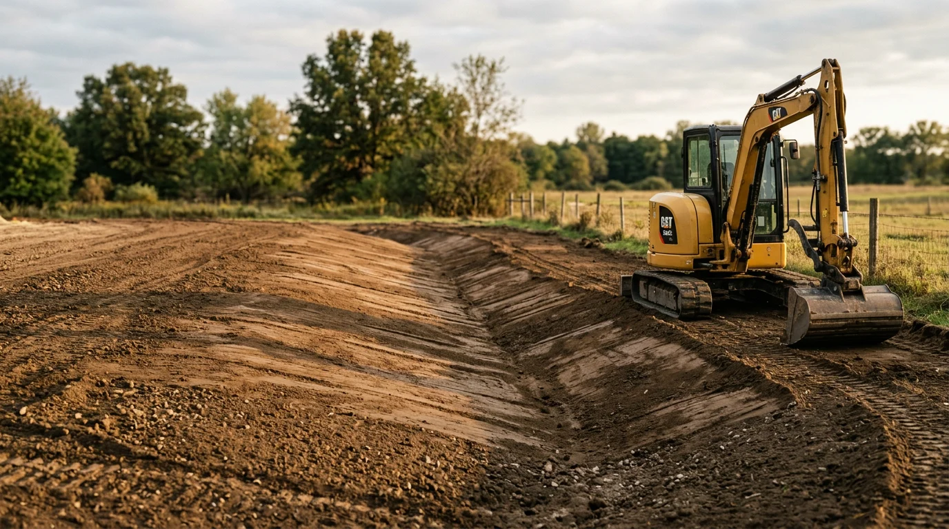 A graded residential property in Ashley, Michigan with a smooth, sloped surface directing water away from the home. Heavy equipment tracks are visible across freshly shaped soil on a Gratiot County lot.