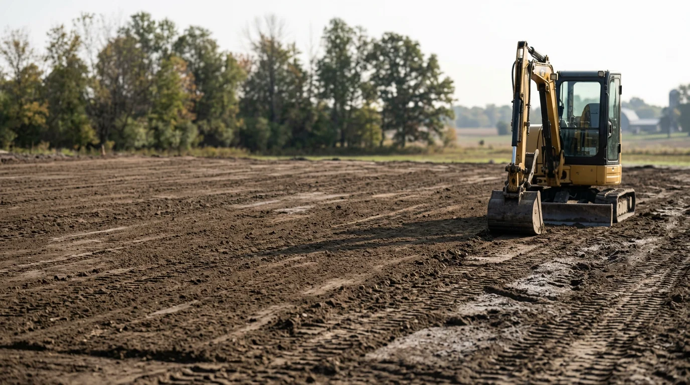 A freshly graded and compacted residential lot in Ashley, Michigan, with cleared ground and level soil ready for construction. Excavation equipment sits at the edge of the prepared lot on a clear mid-Michigan day.