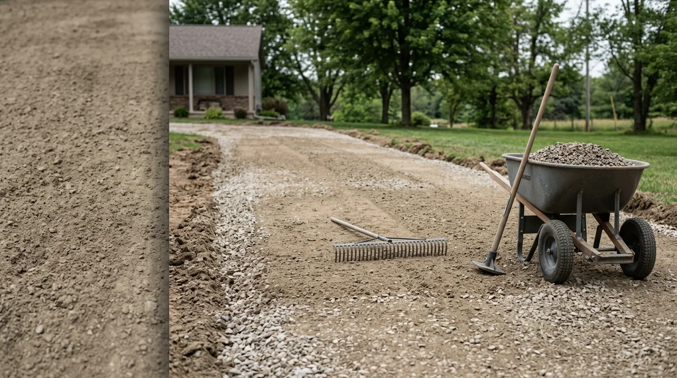 A freshly installed stone driveway at a residential property in Ashley, Michigan, with compacted angular stone extending from the road to the garage. The surface is level and well-graded, set against a typical mid-Michigan rural home exterior.