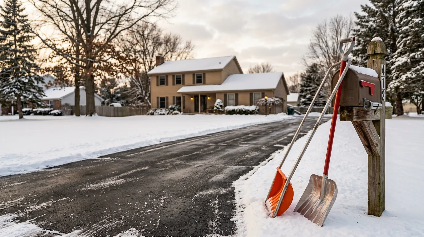 A cleared residential driveway and front walkway after a heavy snowfall in Ashley, Michigan, with snow pushed to the sides and a safe path to the front door visible.
