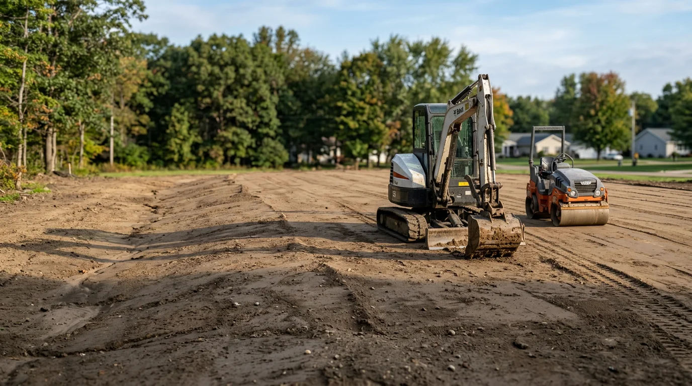 A cleared and freshly graded building site in mid-Michigan with compacted soil ready for construction. Heavy equipment tracks are visible across the leveled ground near Ashley, Michigan.