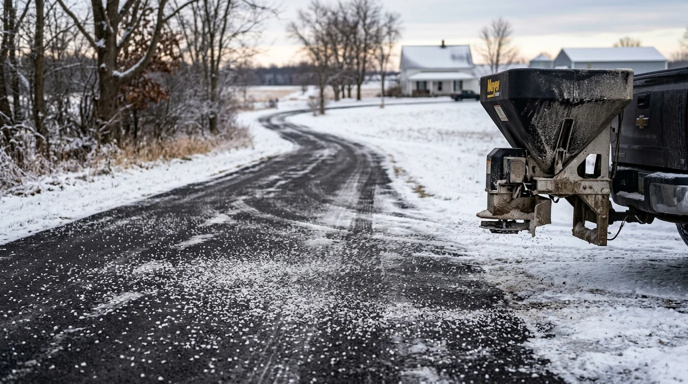 A residential driveway in Ashley, Michigan with salt applied across the pavement surface after a winter snowfall. Surrounding rural landscape visible in the background with light snow on the ground.