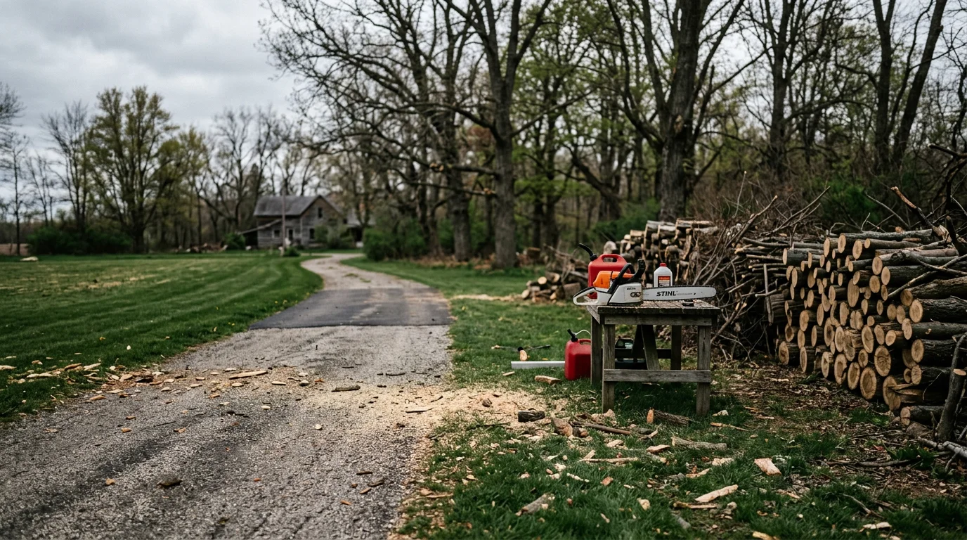 A mid-Michigan residential yard in Ashley with fallen tree limbs and storm debris cleared from the lawn and driveway after a severe thunderstorm. Keller Bros storm cleanup crew working on a rural property with a cleared fence line and open yard visible.