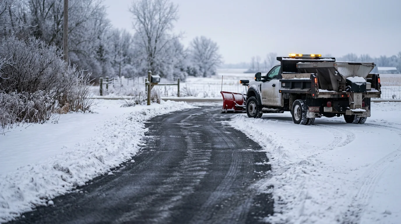 A cleared residential driveway and walkway after a winter snowfall in Ashley, Michigan, with snow pushed to the sides and a safe path to the front door. Surrounding fields show heavy snow accumulation typical of Gratiot County winters.