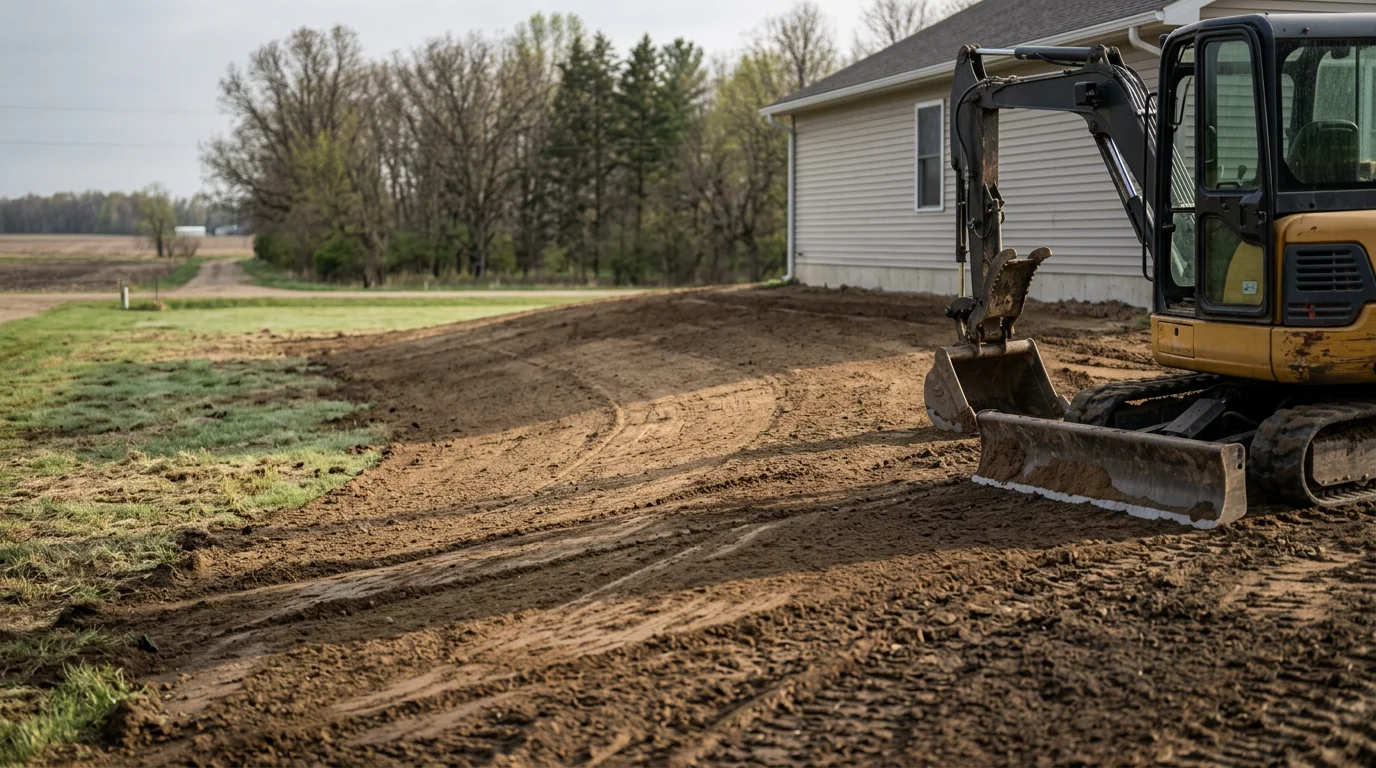 A freshly graded residential yard in Ashley, Michigan with a smooth, gently sloping lawn surface directing water away from the home's foundation. Keller Bros excavation equipment visible in the background on a mid-Michigan property.