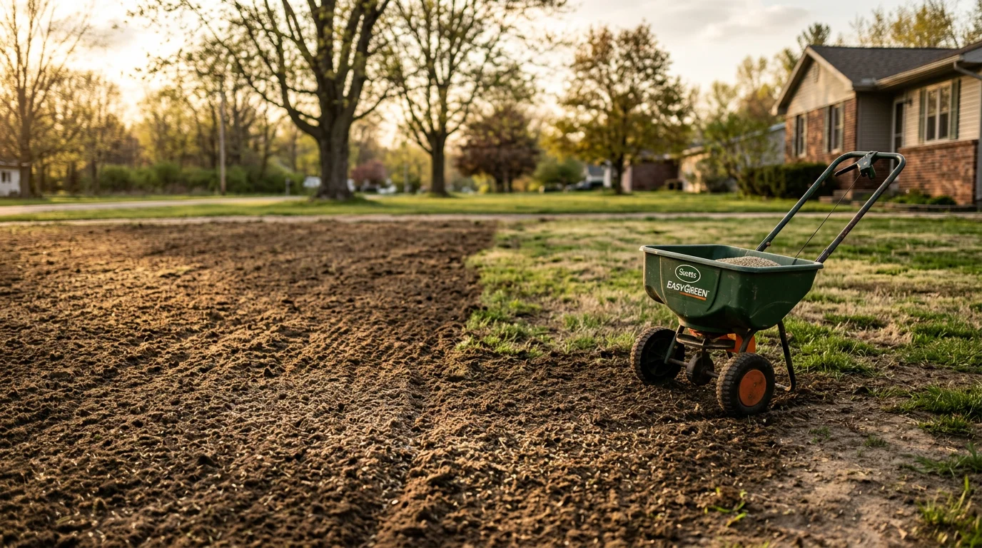 A Gratiot County residential lawn in Ashley, Michigan showing freshly seeded ground with new grass growth beginning to fill in across a previously bare yard. A small family home is visible in the background on a clear Michigan day.